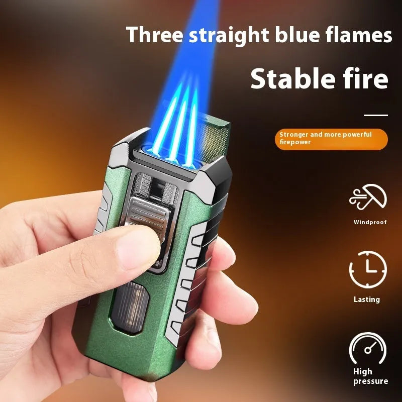 Metal three-fire straight blue flame cigar lighter in black with wind-resistant design