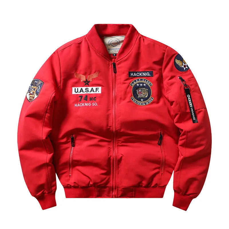 Men's slim-fit stand collar retro embroidered cotton-padded coat in blue.