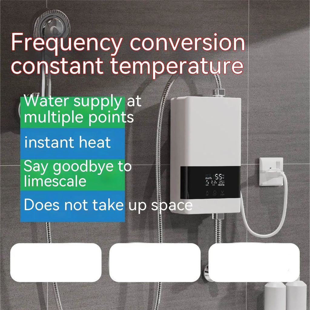 Constant temperature instant water heater with LED touch screen display and remote control in gold finish.