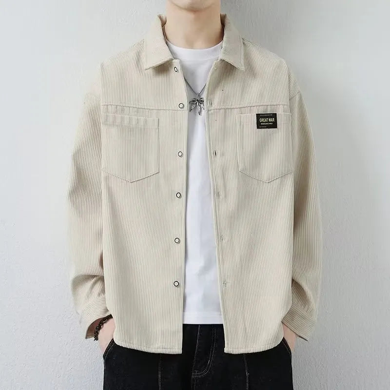 Men's corduroy casual jacket in cardigan style with long sleeves showing textured fabric
