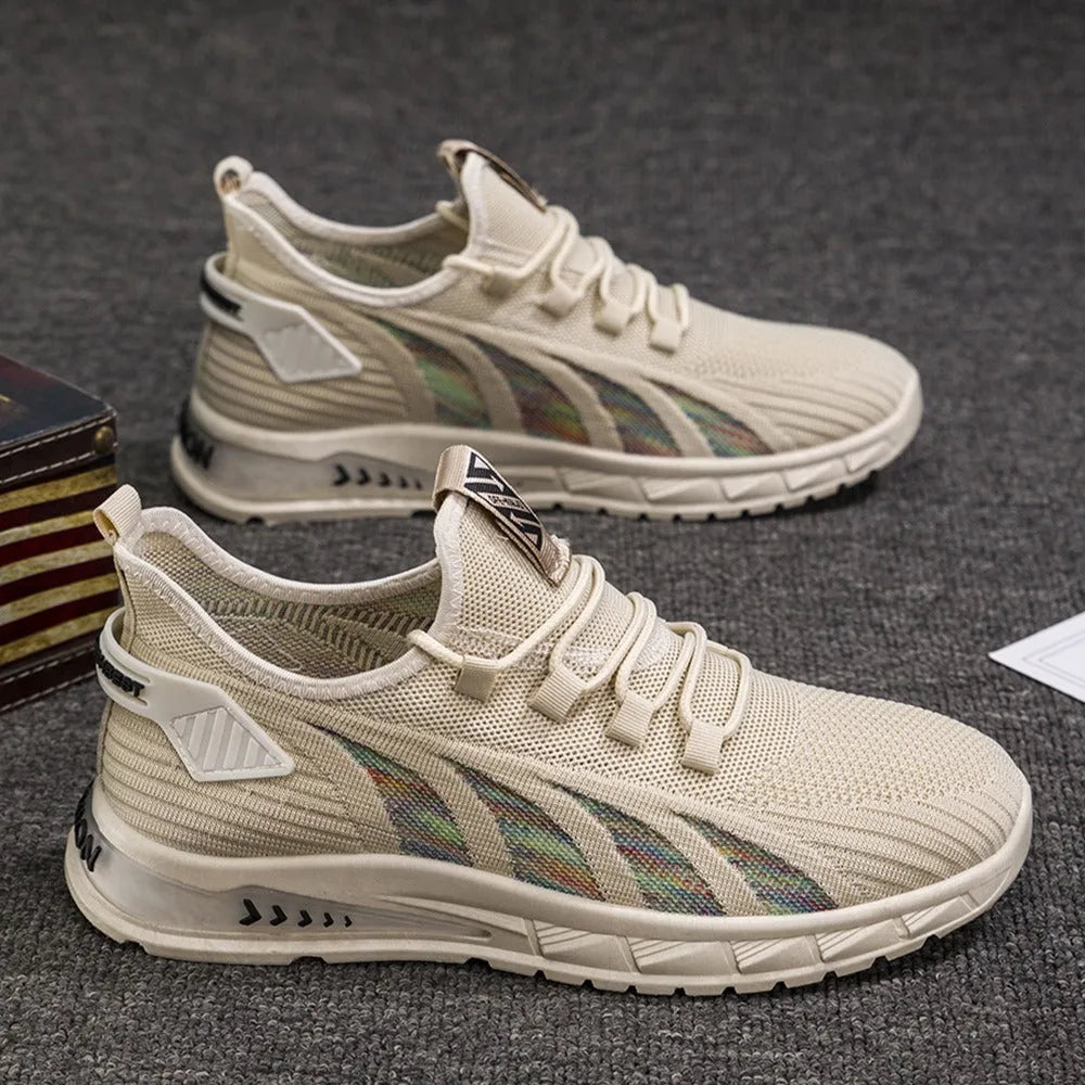 Men's low-top casual sneakers with mesh surface, striped pattern, and fat foot design in multiple colour options