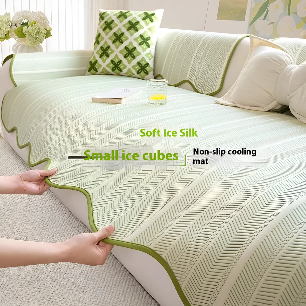 Ice Silk special-shaped straight row mat sofa cover with fixed non-slip cushions in Jelly Green.