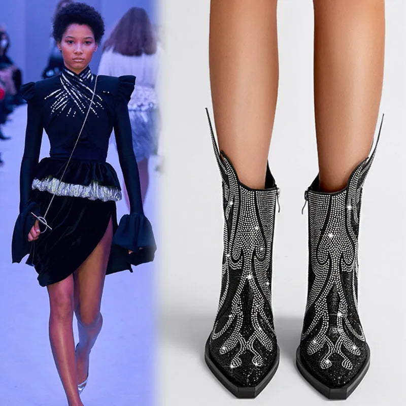 Women's black chunky heel Martin boots with square toe and rhinestone flame decoration on the side.