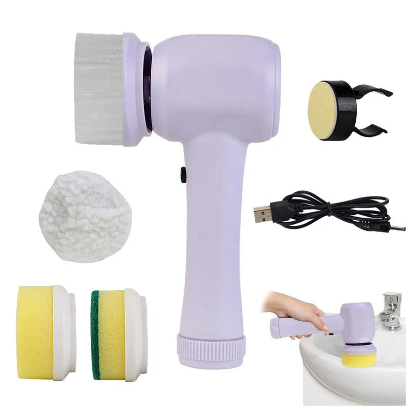 White handheld electric cleaning brush with rotating brush head on bathroom tiles