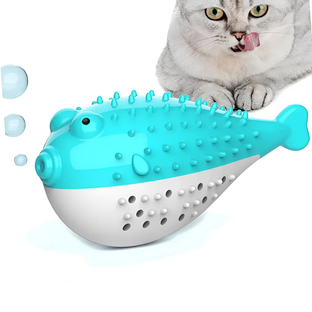Blue silicone fish-shaped cat chew toy on a white background.