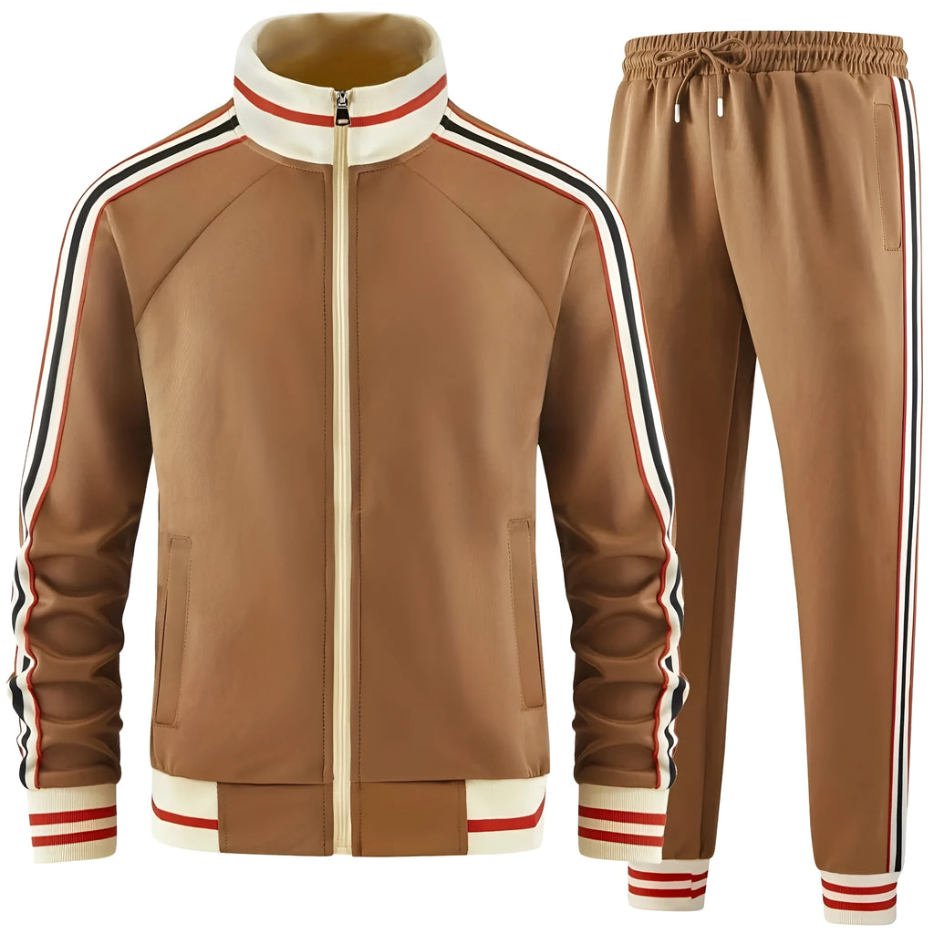 Mens khaki zippered turtleneck cardigan and matching trousers casual suit on a hanger.