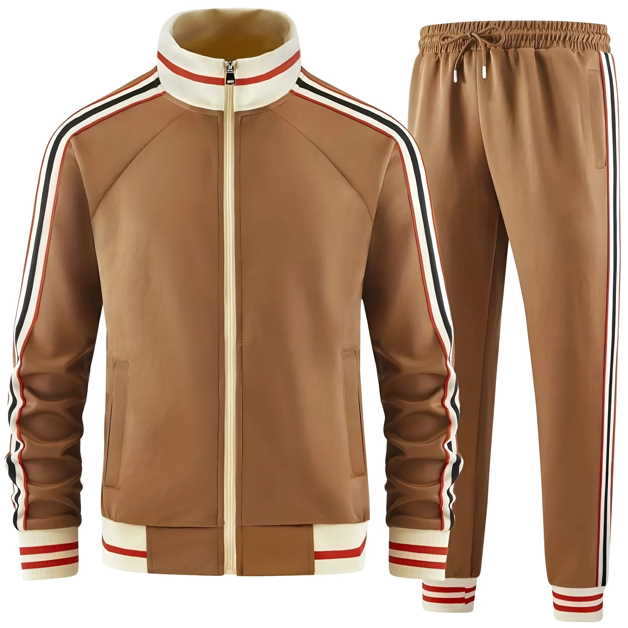 Mens khaki zippered turtleneck cardigan and matching trousers casual suit on a hanger.