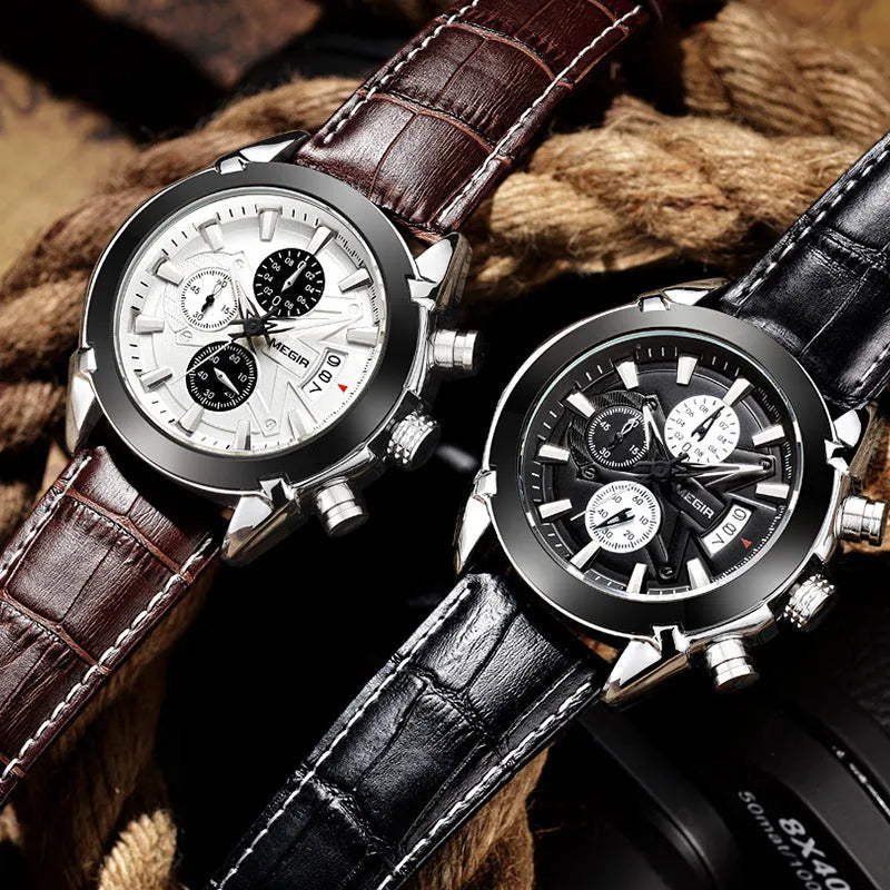 Men's brown and black waterproof chronograph watch with luminous three‑eye dial.
