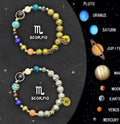 Set of two natural stone beaded bracelets with Chinese zodiac designs on an adjustable thread.