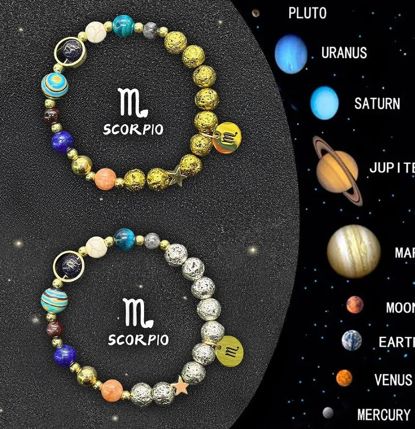 Set of two natural stone beaded bracelets with Chinese zodiac designs on an adjustable thread.