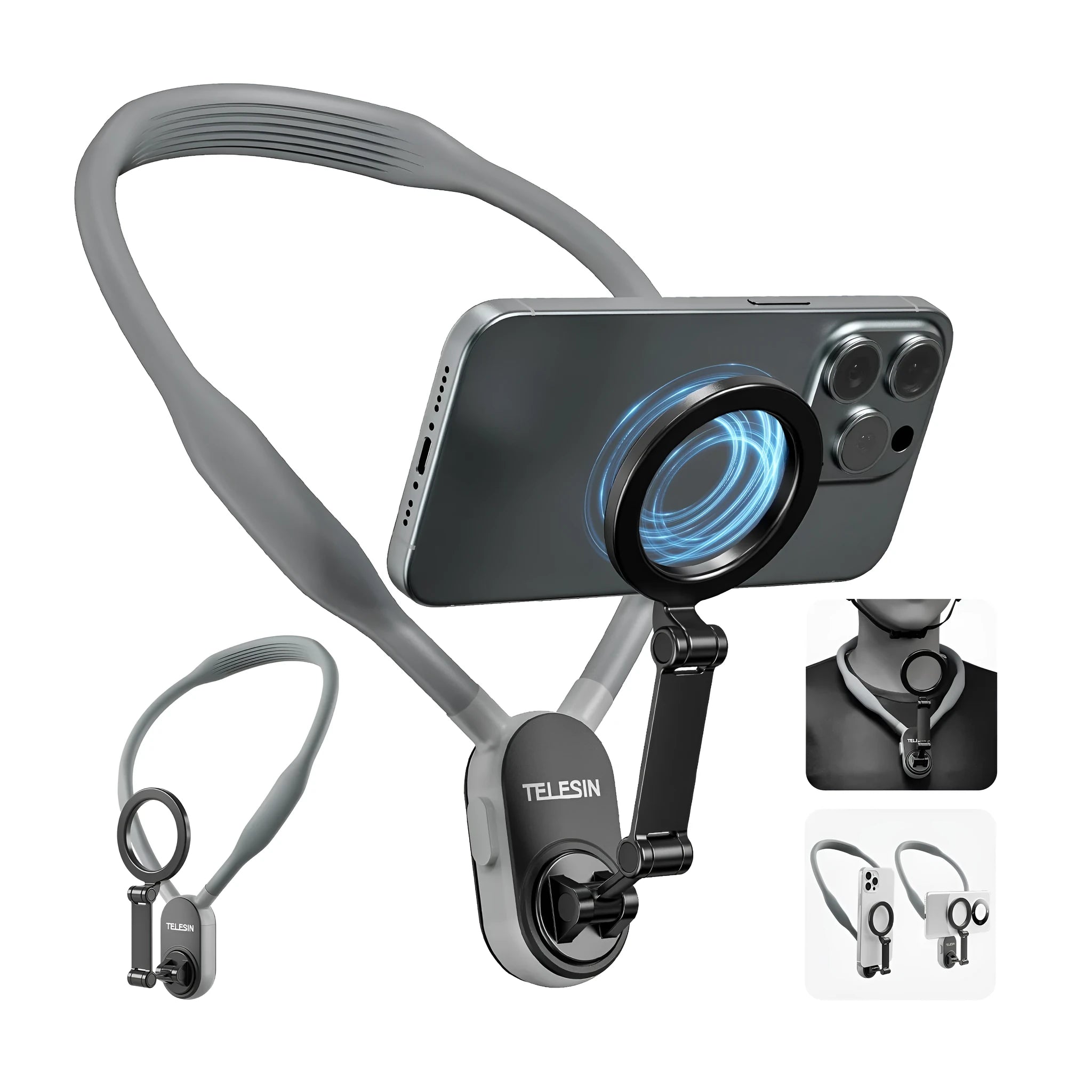 Silicone magnetic phone neck mount with aluminium strip and safety rope in grey or blue