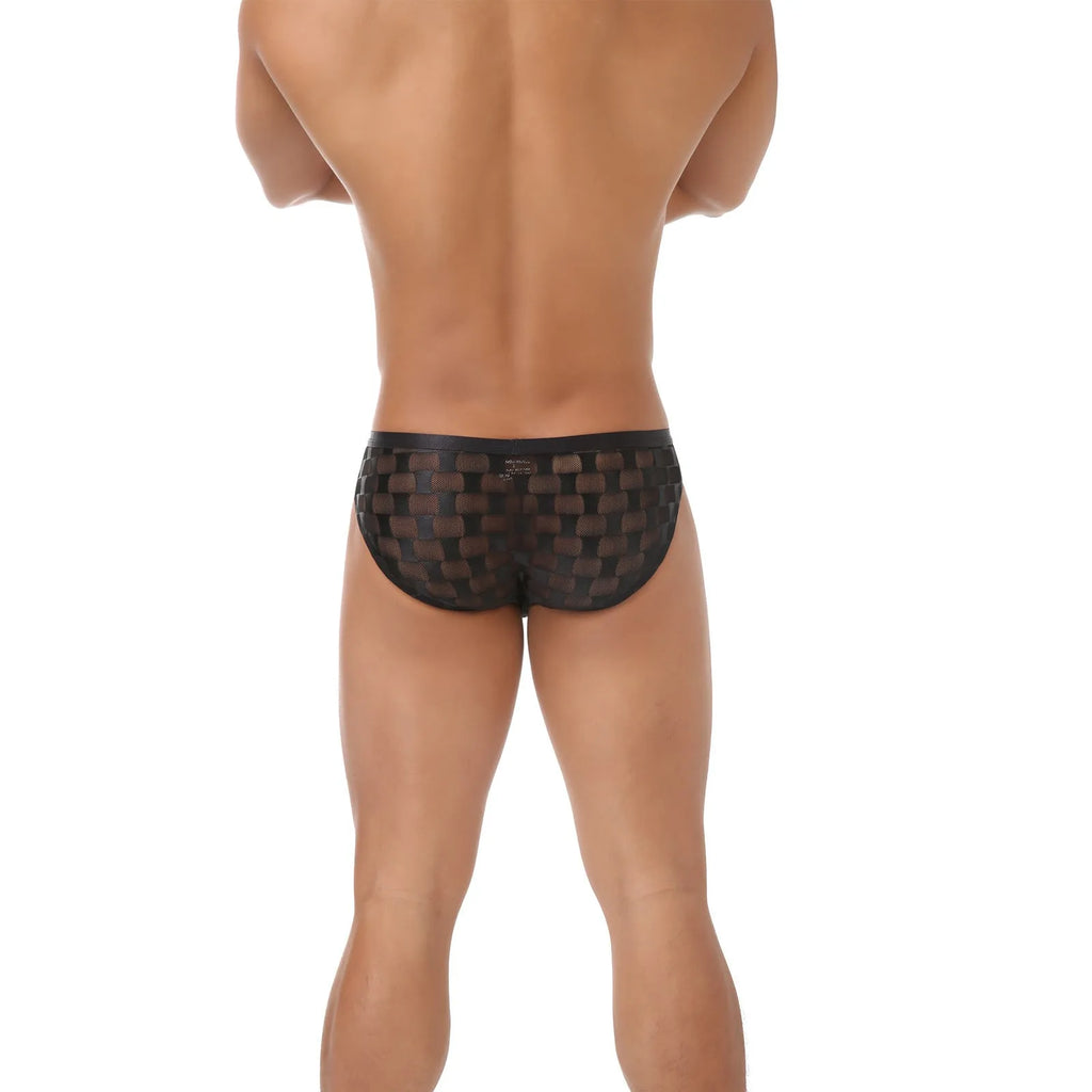 Men's black and white plaid mesh underpants showing U-convex design and lace fabric.