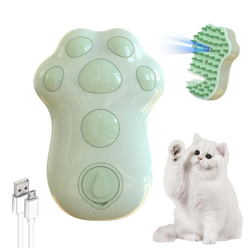 Self-cleaning cat steam grooming brush with silicone bristles and blue light on a pink background