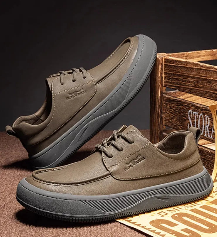 Brown retro casual leather shoes with big toe design and stitching, shown on a white background.