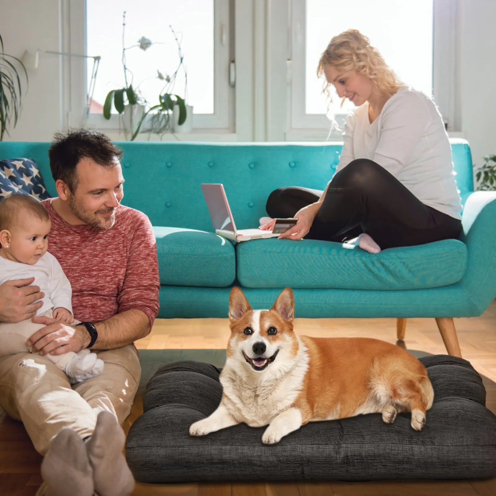Thick gray polyester kennel nest dog bed for large dogs, 98x77x12cm, on floor