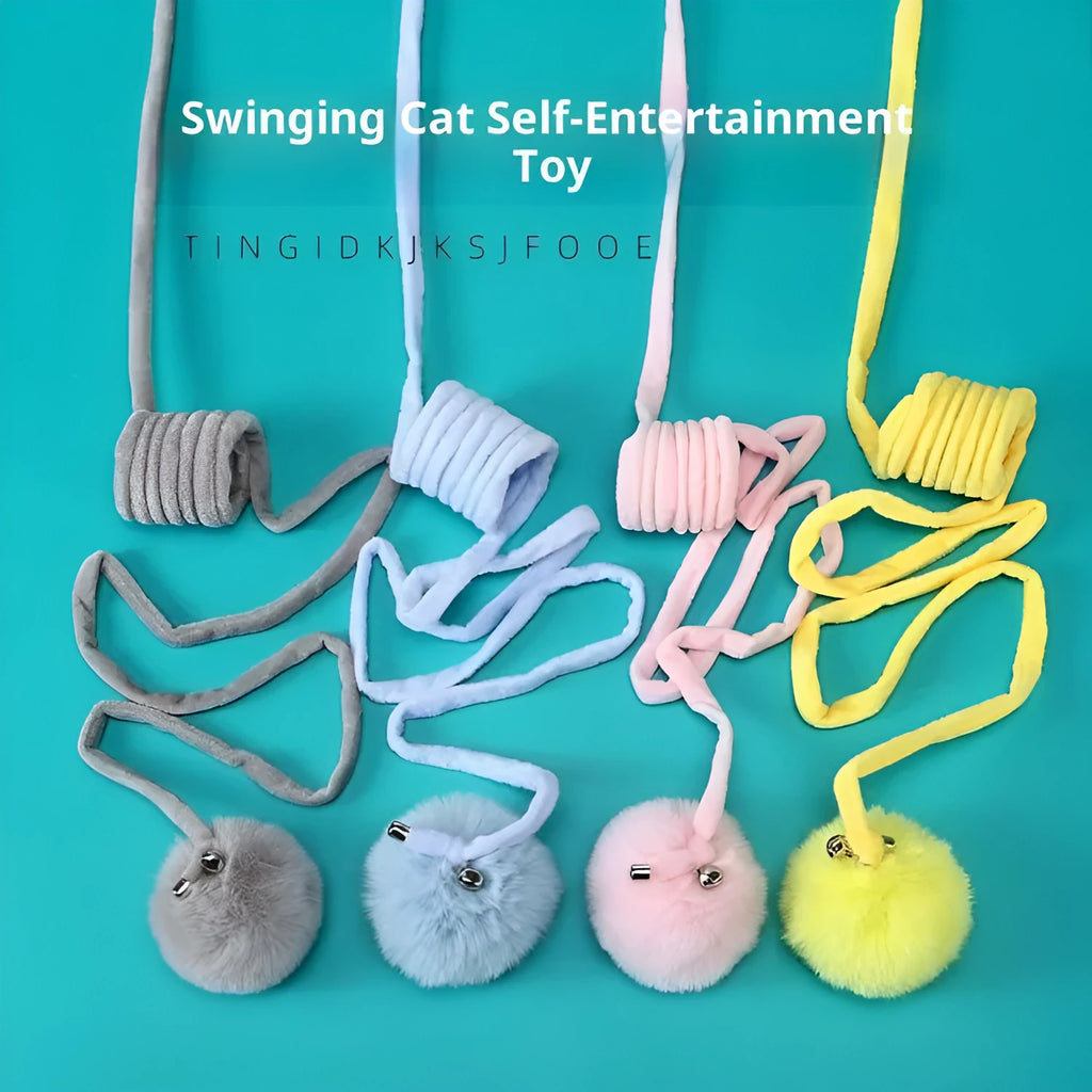 Cat toy with suction cup, spring, rabbit fur ball, and retractable elastic rope on a door