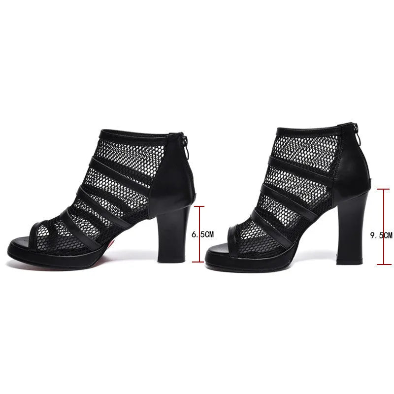 Black women's high heels mesh shoes with thick heel waterproof platform size 34 to 39