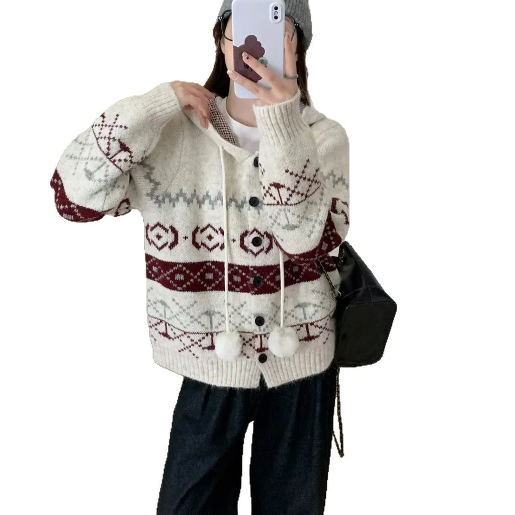 Women's geometric pattern brocade sweater coat in grey, loose fit with long sleeves.