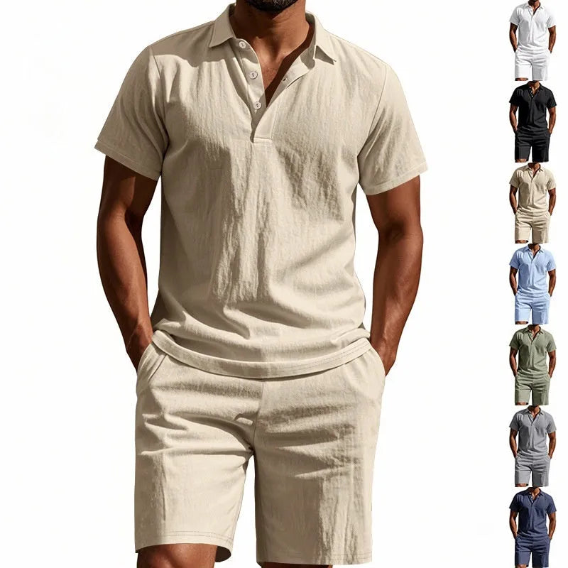 Men's light grey linen-blend short sleeve shirt and matching shorts for summer casual wear.
