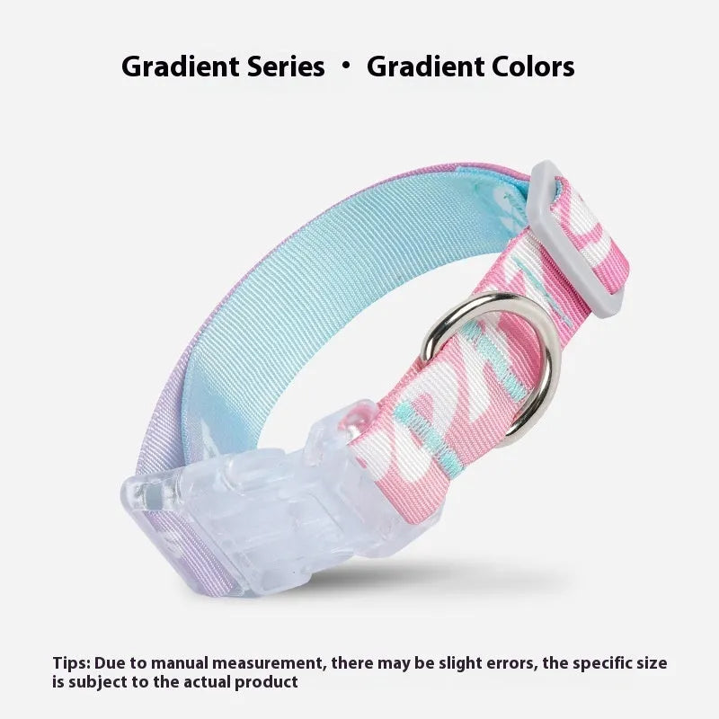 Adjustable nylon dog collar with cartoon gradient print in green, showing buckle and D-ring on a size chart.