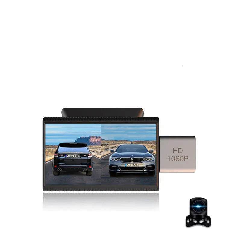 Black front and rear dual camera car dashboard recorder with touch screen display