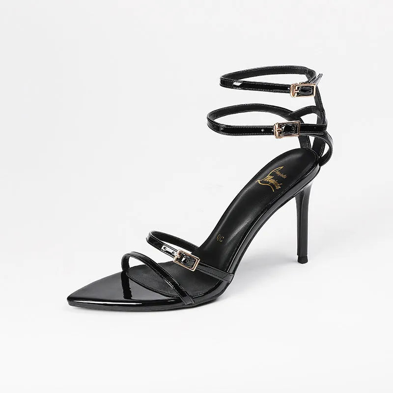 Black patent leather women's stiletto sandals with ankle strap and 8cm open-toe heel
