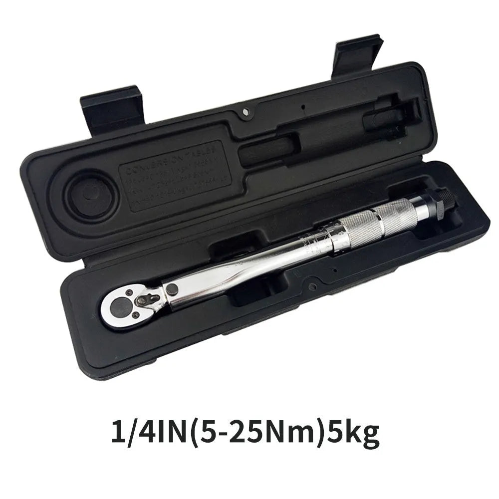 Five-piece preset torque wrench set with sockets and extension rod in plastic case