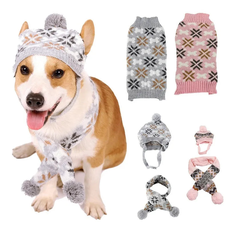 Grey retro jacquard pet sweater, hat, and scarf set on a small dog.