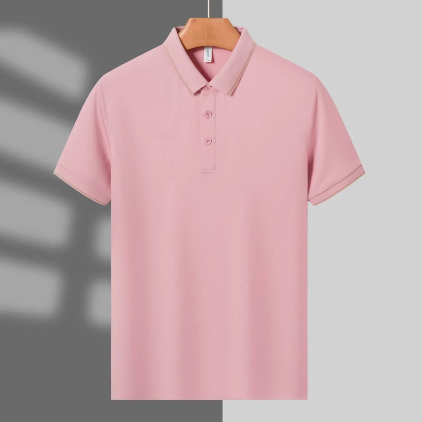 Men's summer polo shirt in polyester blend fabric with single collar lapel and short sleeves