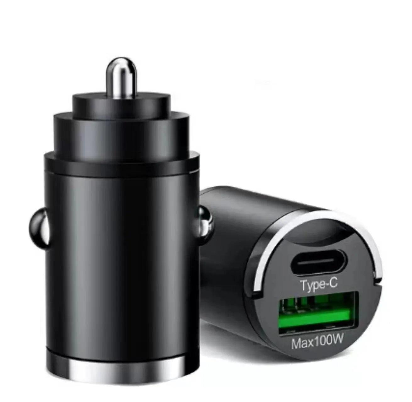 Black metal car charger with pull-tab design for 100W USB fast charging in vehicles