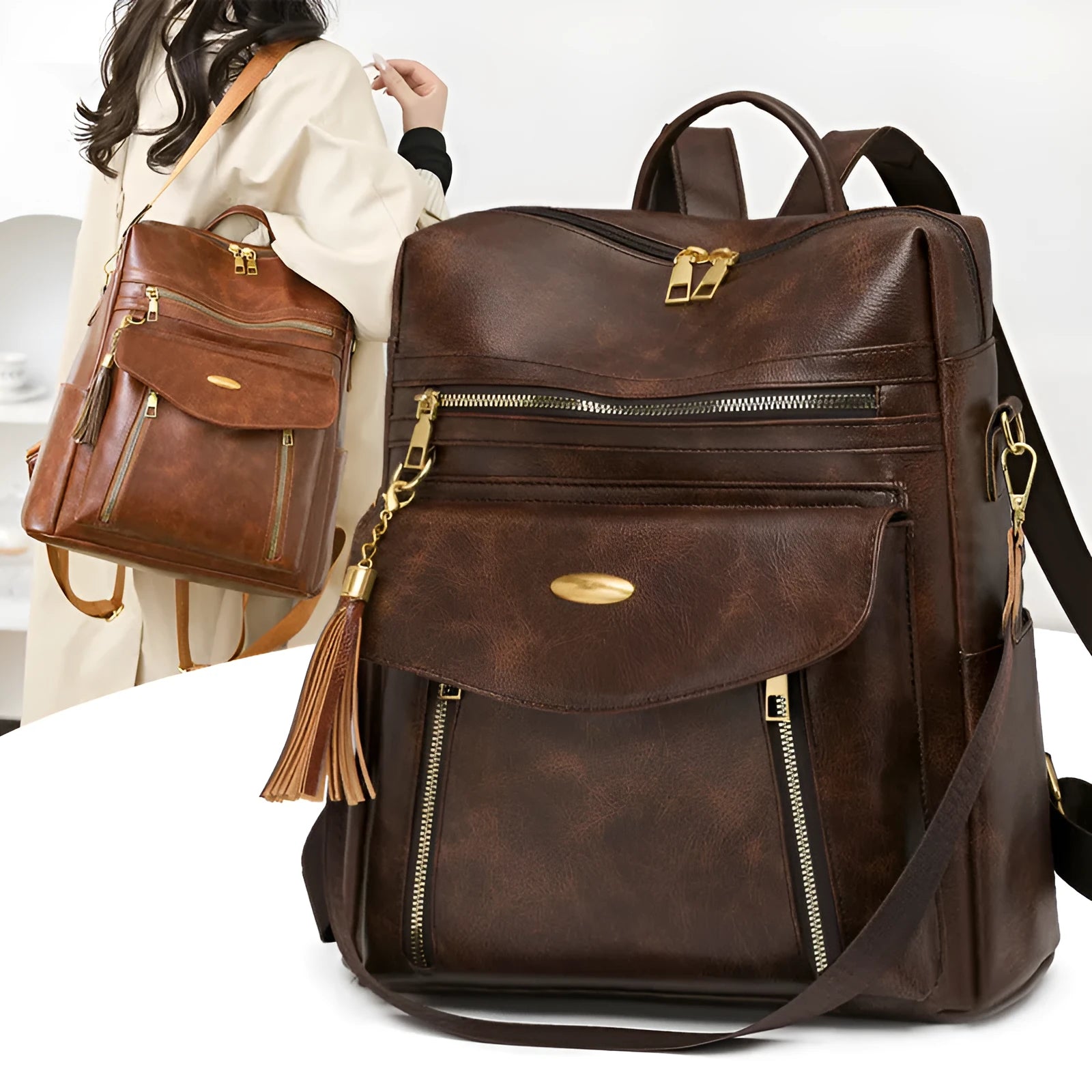 Crossbody casual ladies backpack in PU with soft construction, sewing thread details, black colour, phone pocket