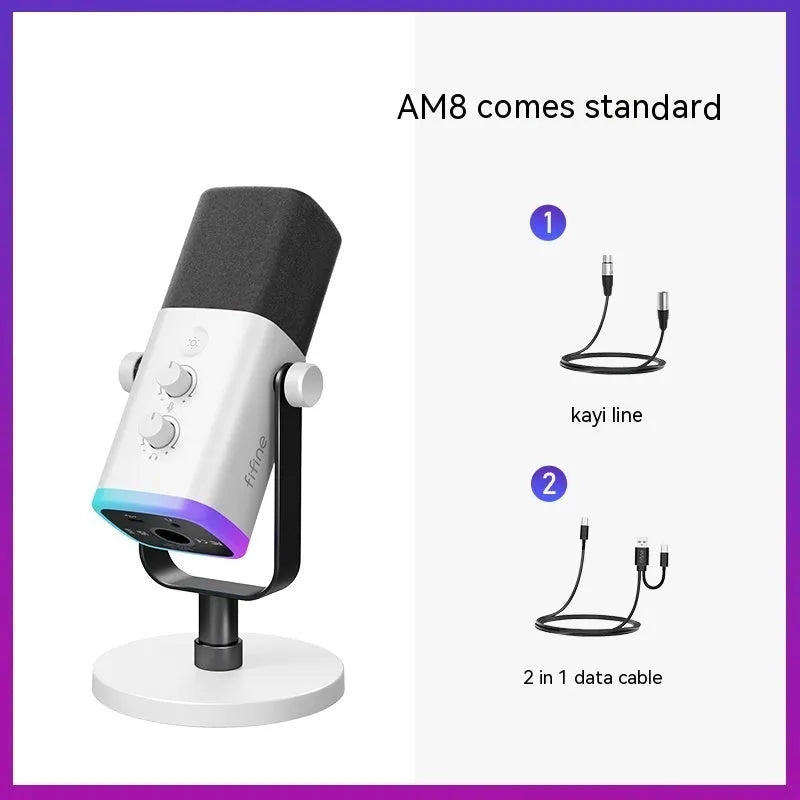Dynamic noise reduction microphone in black, pink, or white colour with matching cable and base.