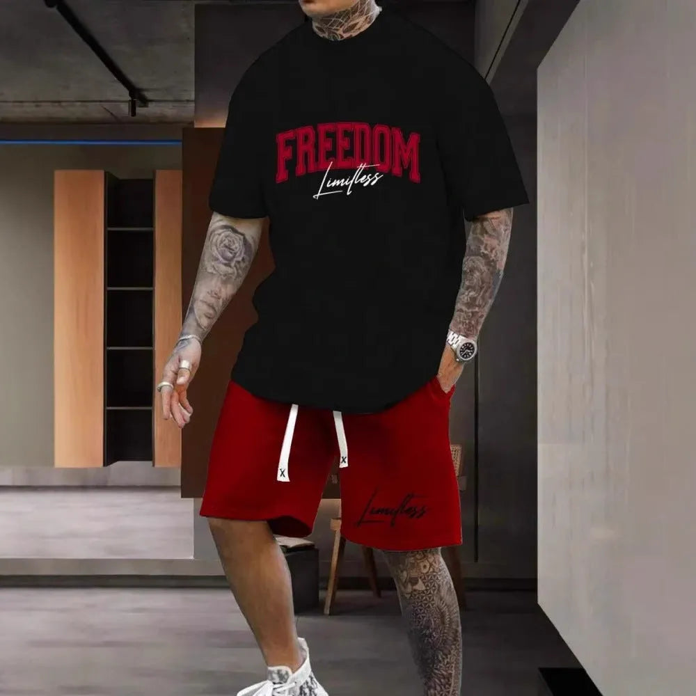 Men's grey 3D printed letter short sleeve top and matching shorts casual sportswear set
