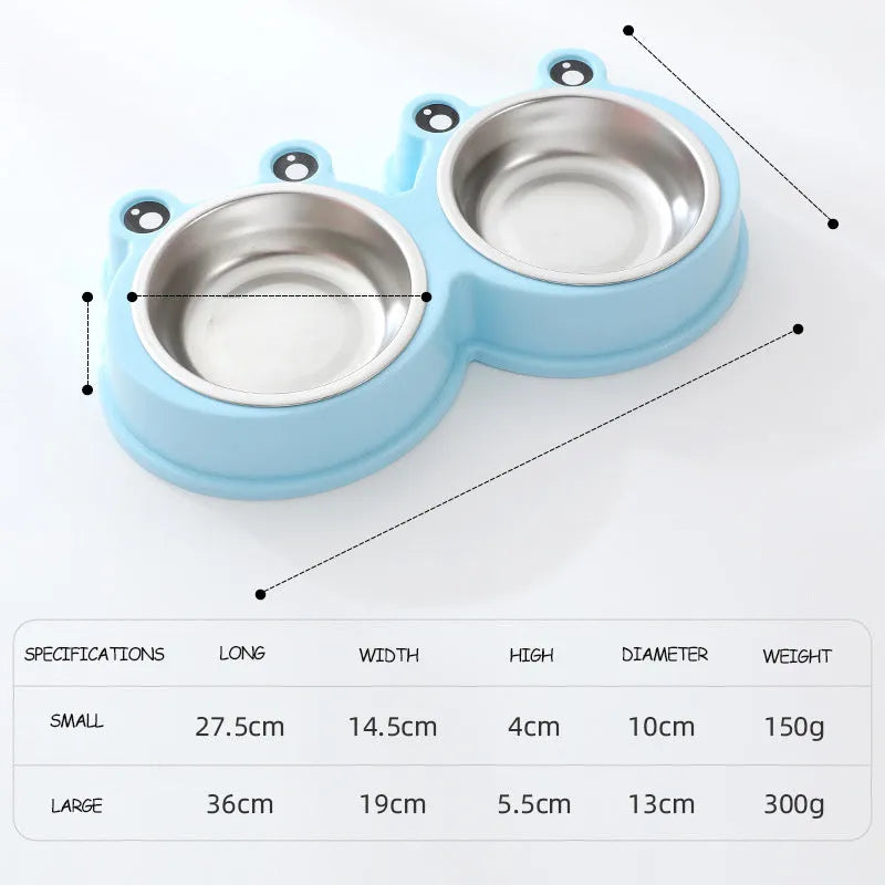 Stainless steel double compartment pet bowl for food and water on a silicone non-slip base.
