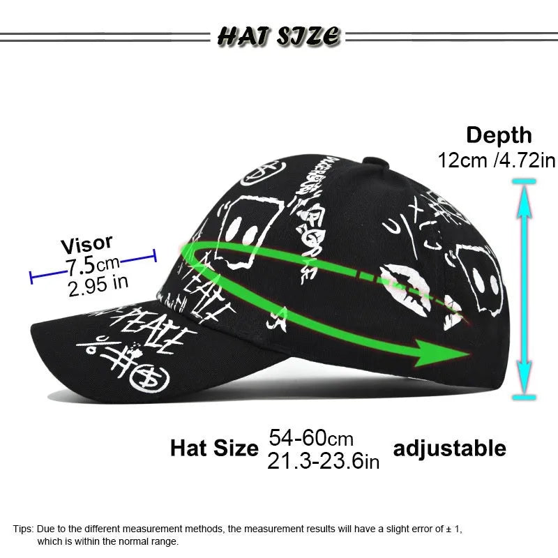 Unisex cotton baseball cap with adjustable curved brim, embroidered letter pattern, in black colour