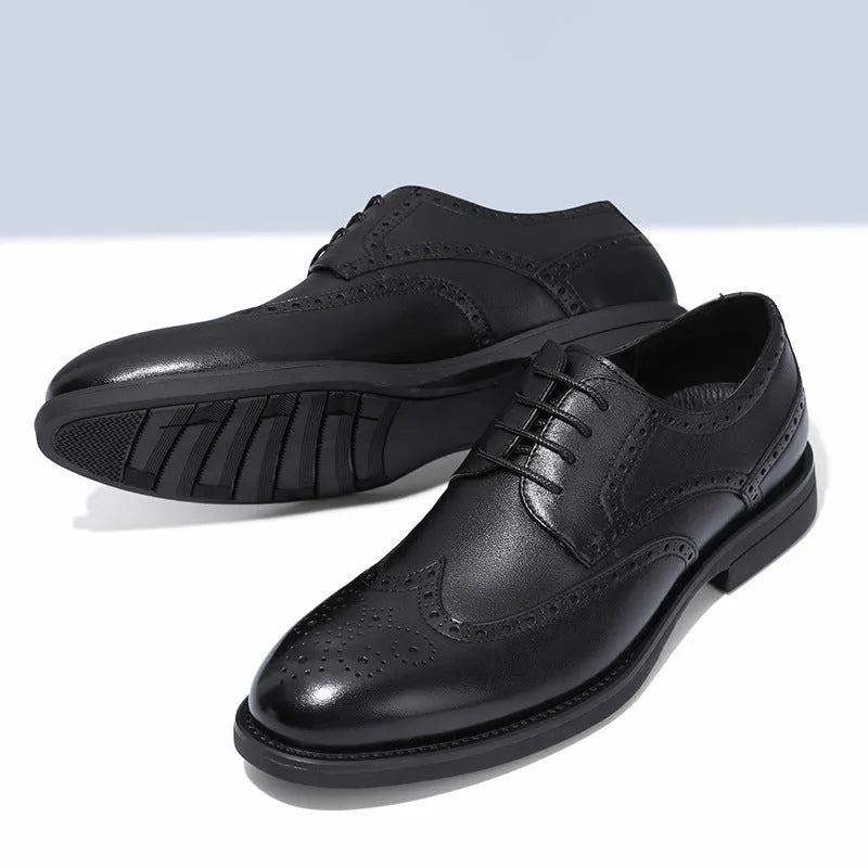 Men's black and brown PU leather brogue shoes for business formal attire.