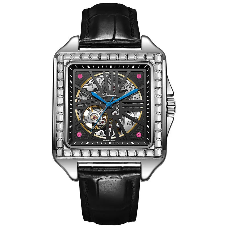 Men's square automatic watch with diamond-studded case on a black leather strap.