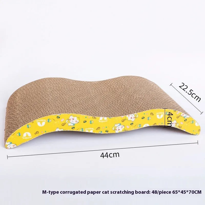 Corrugated paper cat scratch board in a geometric shape option such as bone type or trapezoid.
