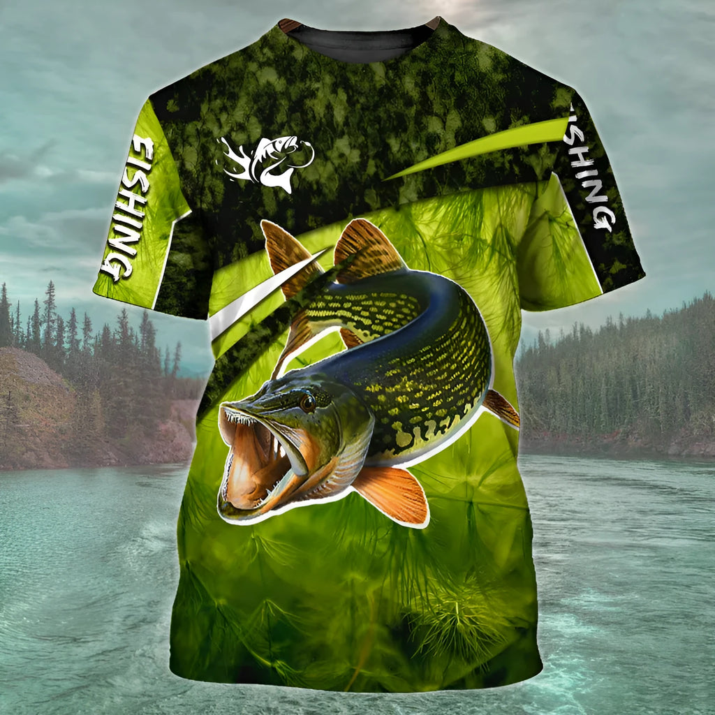 Man wearing a loose-fitting short-sleeve t-shirt with a colourful digital print fishing pattern design.