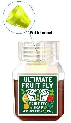 Bottle of SK003 fruit fly bait liquid on a kitchen countertop.