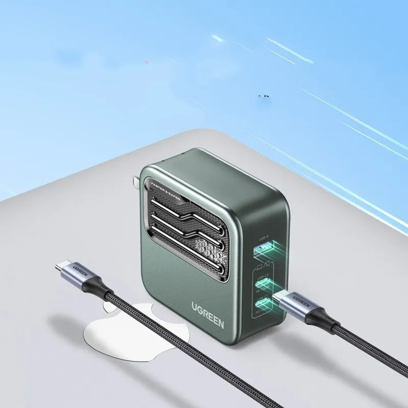 Compact 100W gallium nitride fast charger with Type-C port and included cable on a white background.