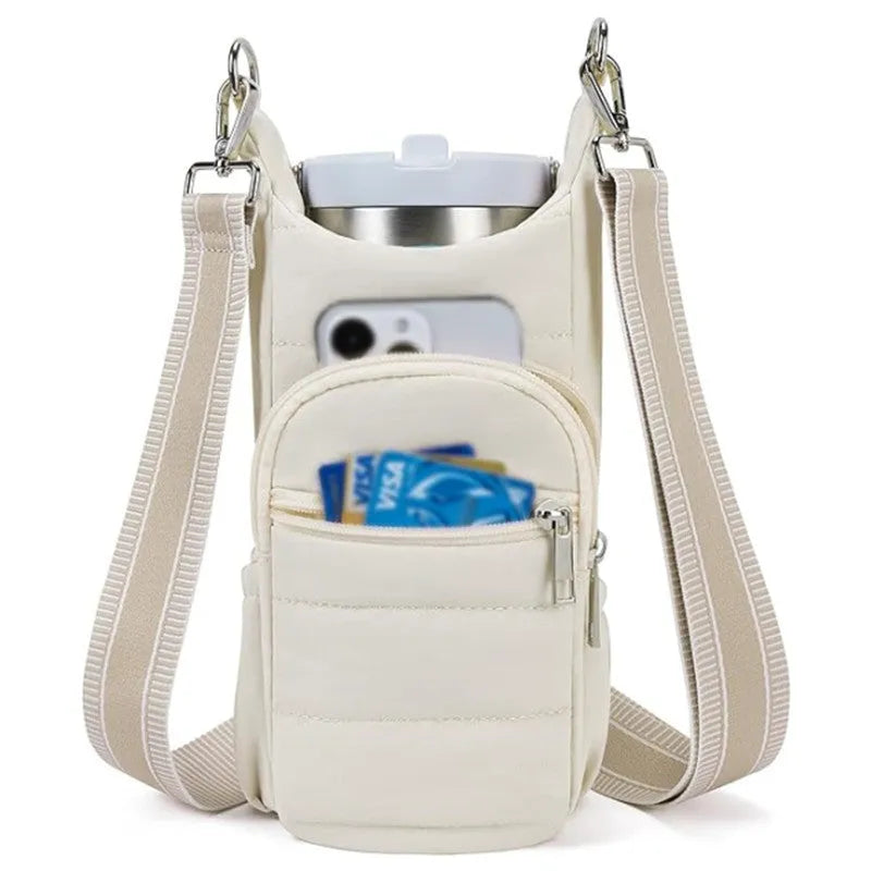 Cloth water bottle holder bag for bicycles in beige, black, and pink colour options.