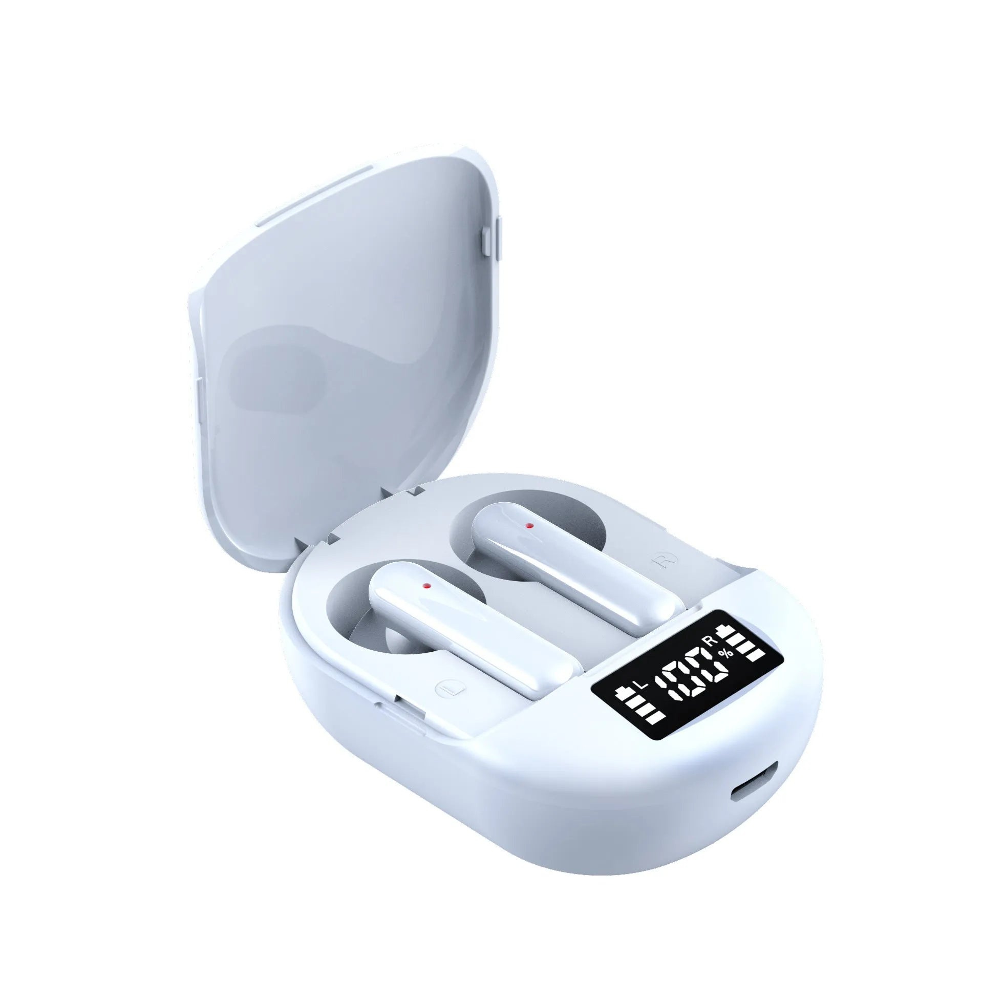 Black and white wireless Bluetooth earphones with charging case showing digital display