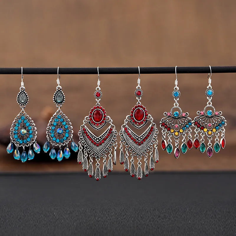 Purple retro drop earrings with long fringe tassels and ethnic design elements