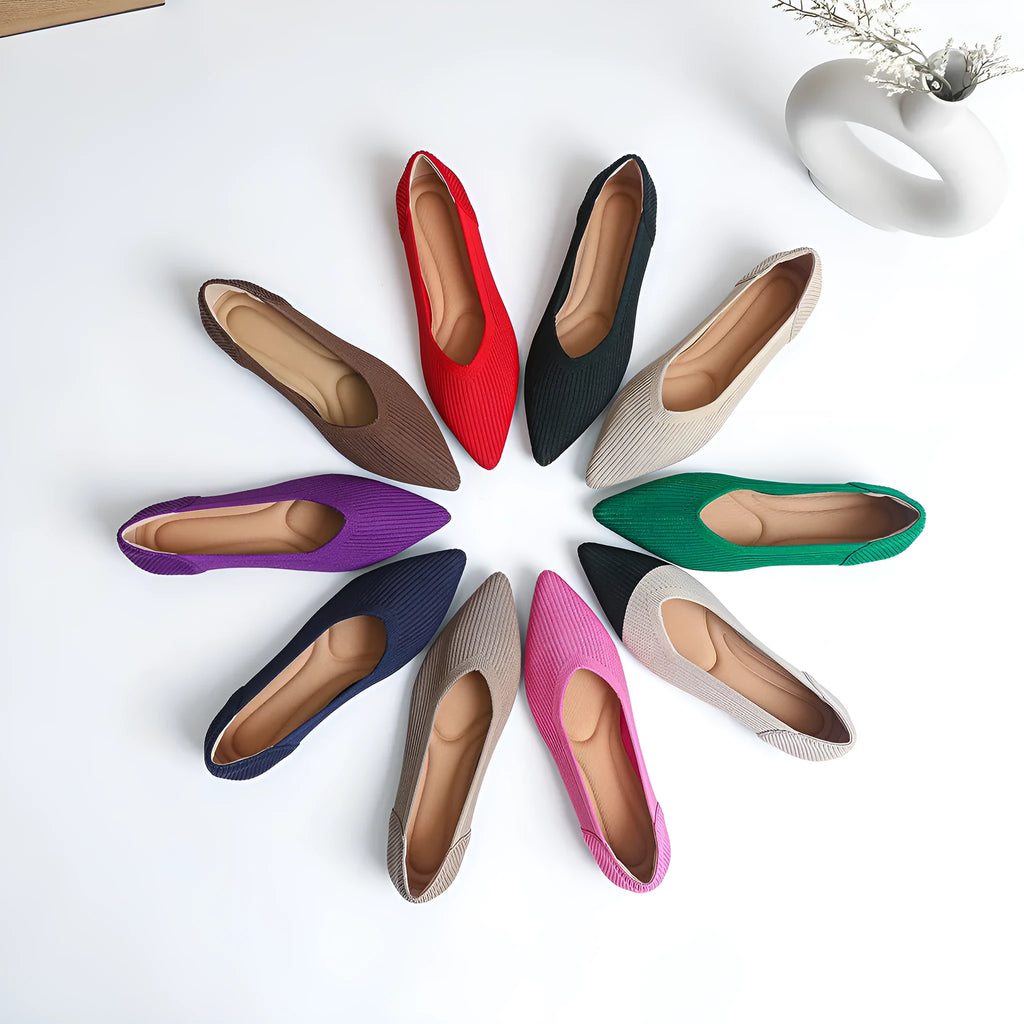 Women's apricot knit pointed flat pumps with a shallow mouth and rubber sole.