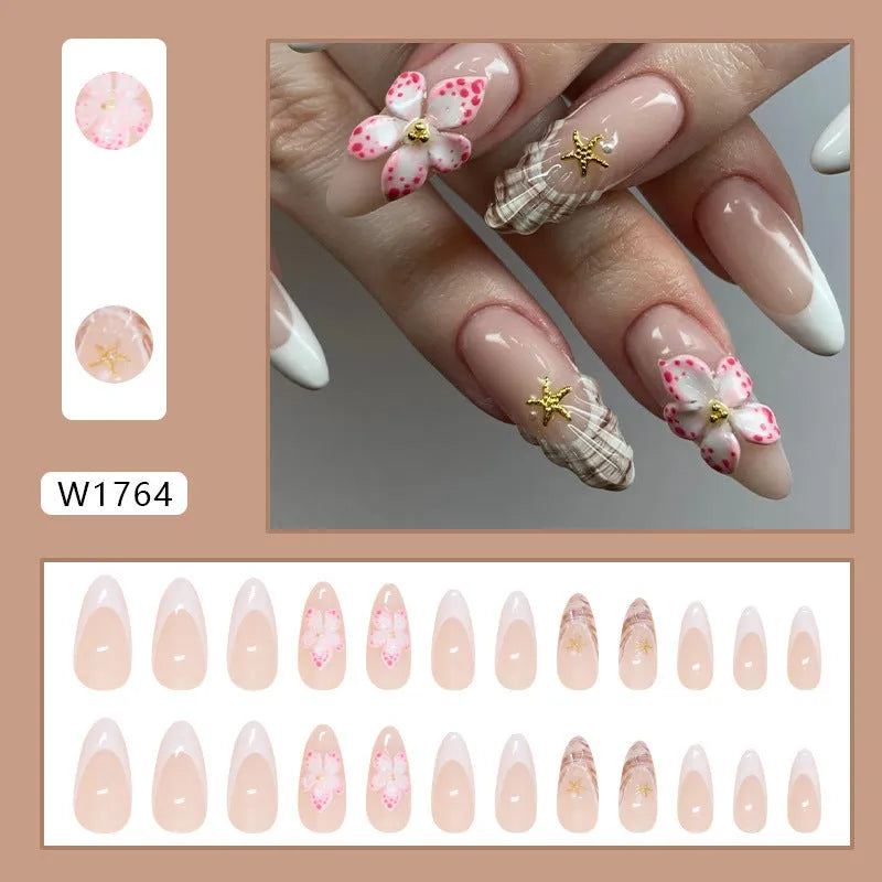 French style press-on false nails with rock pattern floral patches in simple flower design