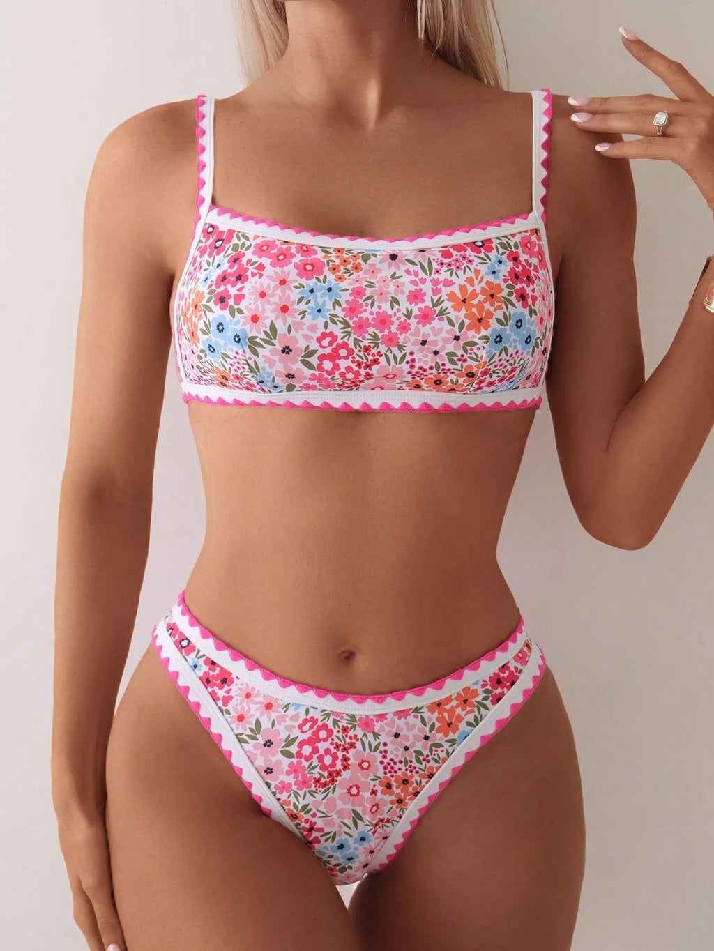 Women's printed lace-up bikini swimsuit with separate bra and briefs