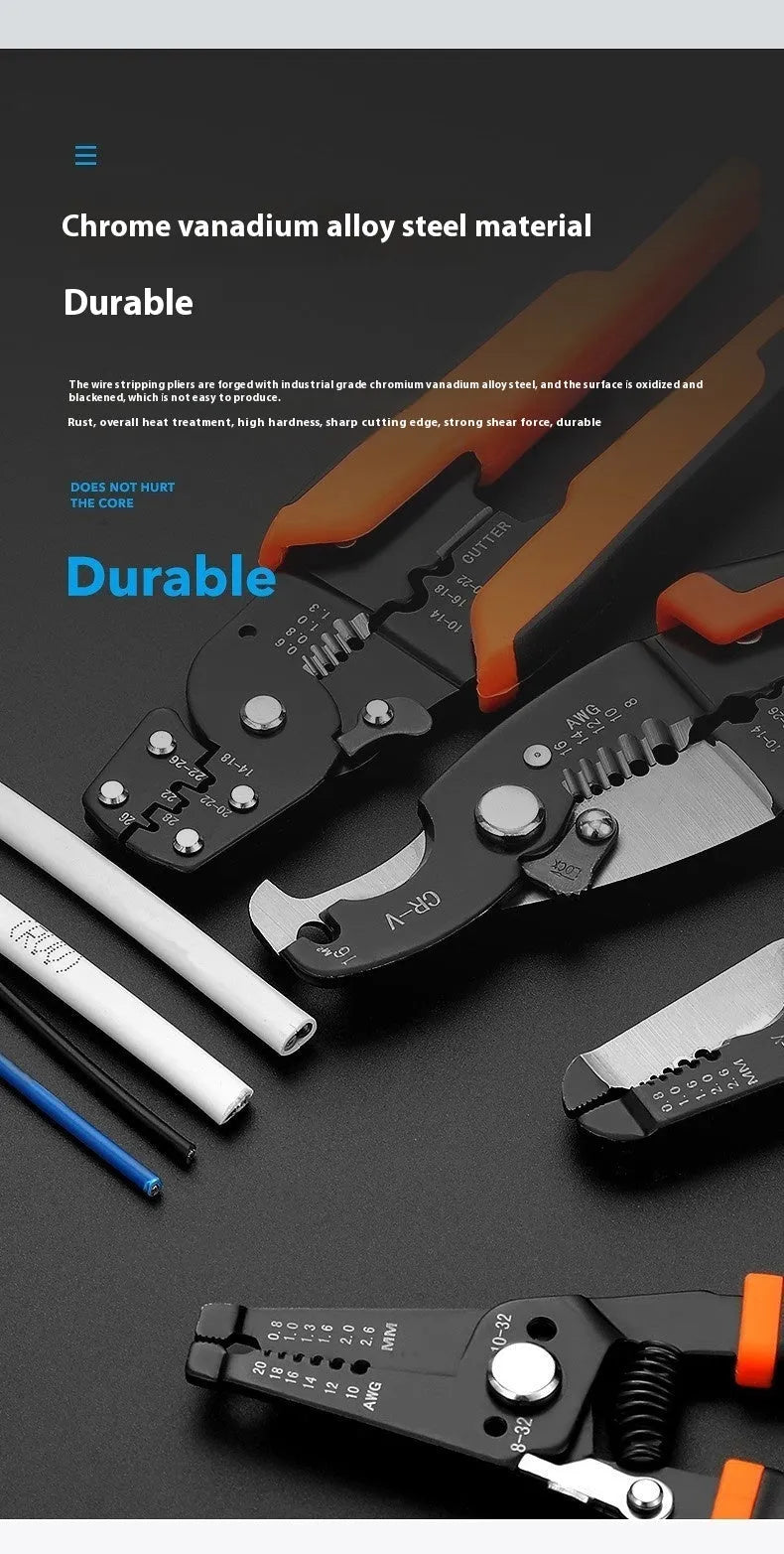 Fully automatic wire stripping pliers tool with high carbon steel blades.