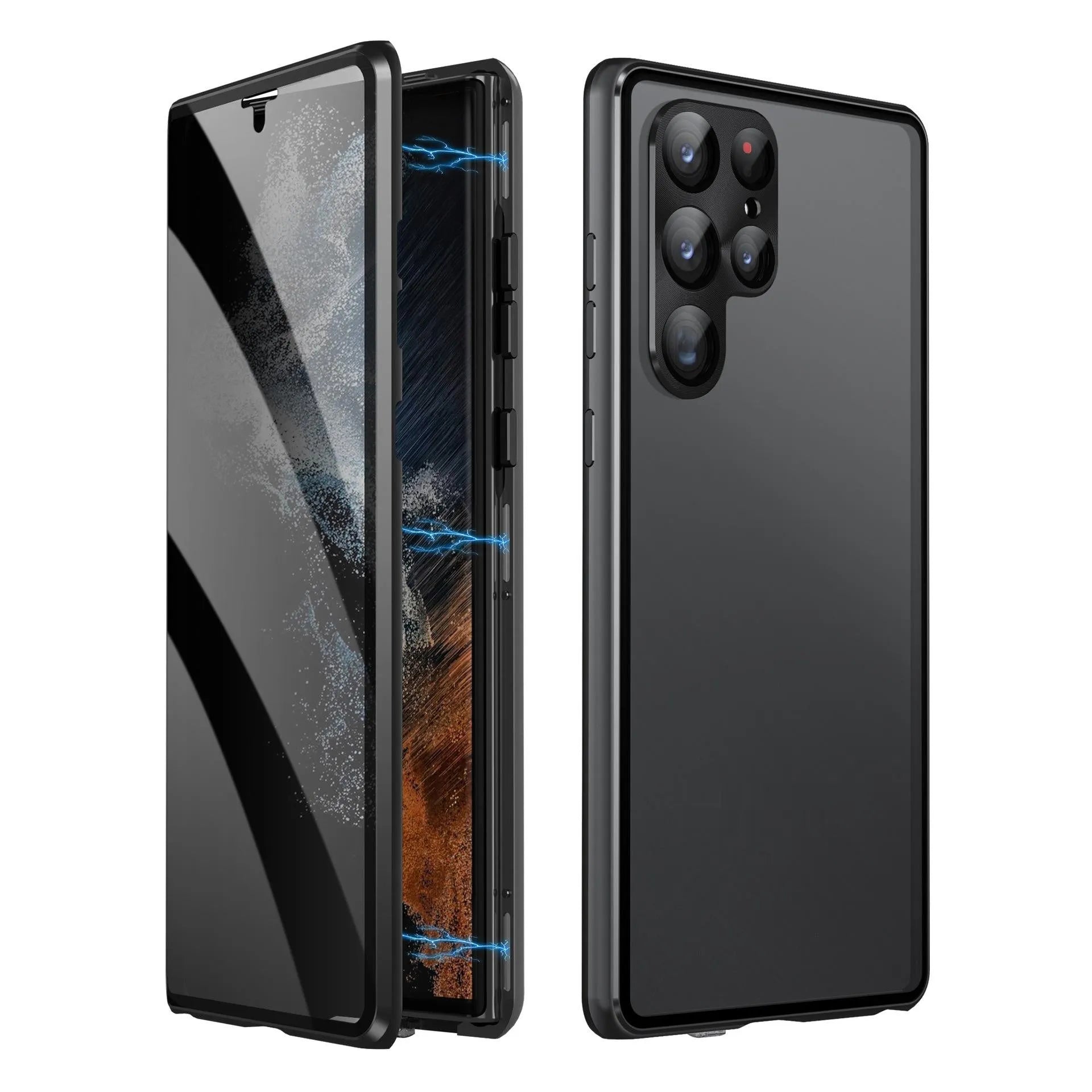 Metal phone case for Samsung S21 S22 series in black with anti-peep magnetic screen and stamped metal finish