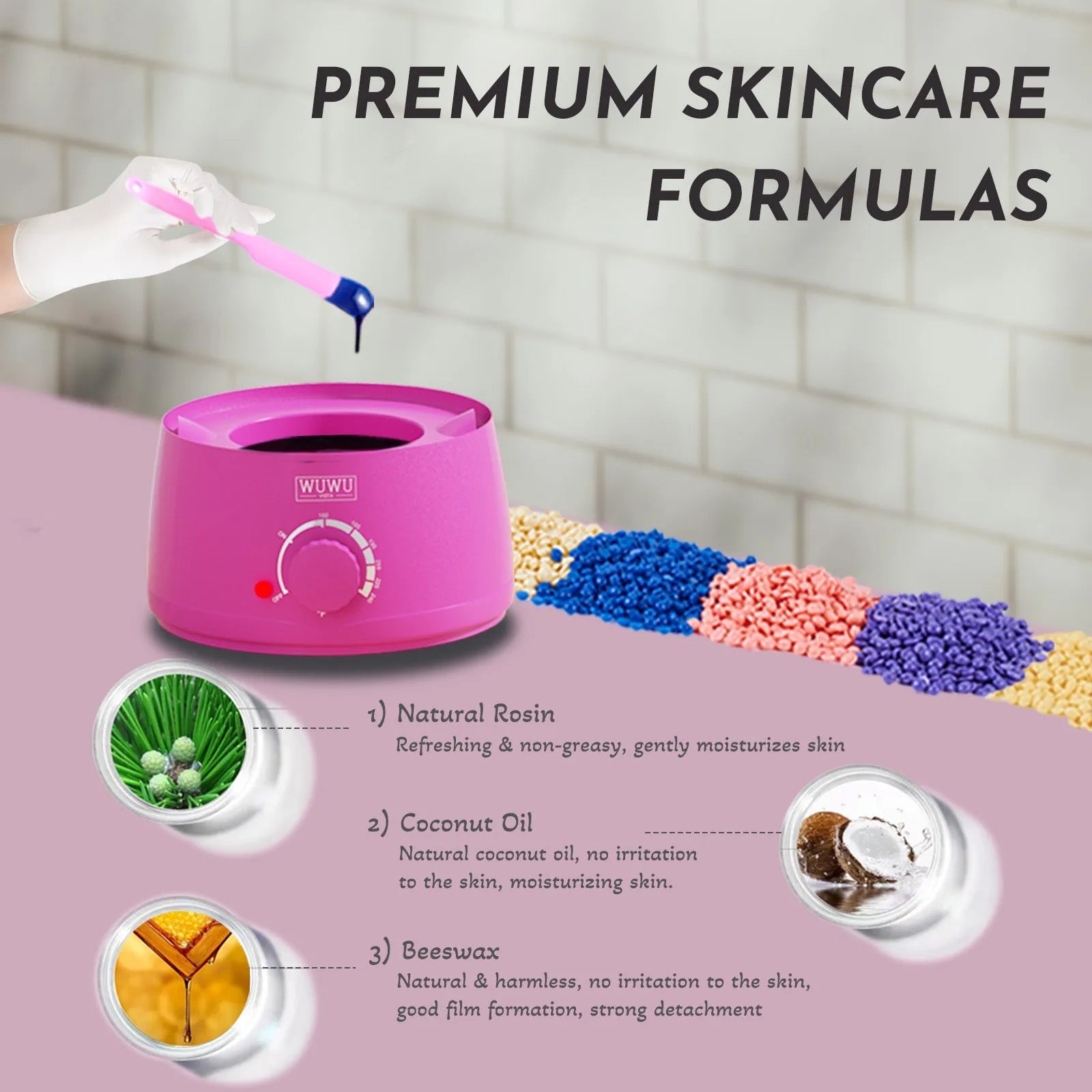 Professional waxing kit with warmer, five jars of hard wax beans, applicator sticks, and aftercare products.